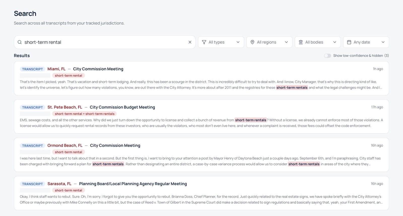 FP+ transcript search results for the phrase short-term rental, showing each mention with the surrounding words
