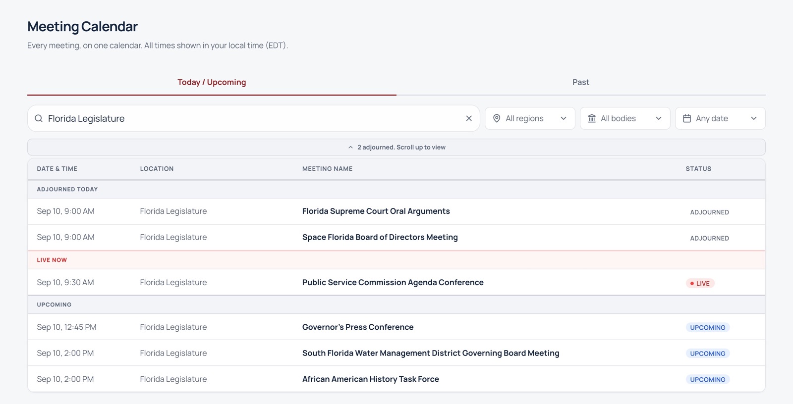 FP+ meeting calendar listing Florida Legislature and state government meetings, with live and upcoming sessions marked