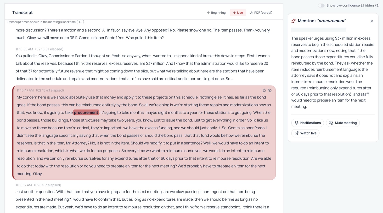 FP+ summary of a Miami City Commission meeting with a highlighted mention and the transcript beside it